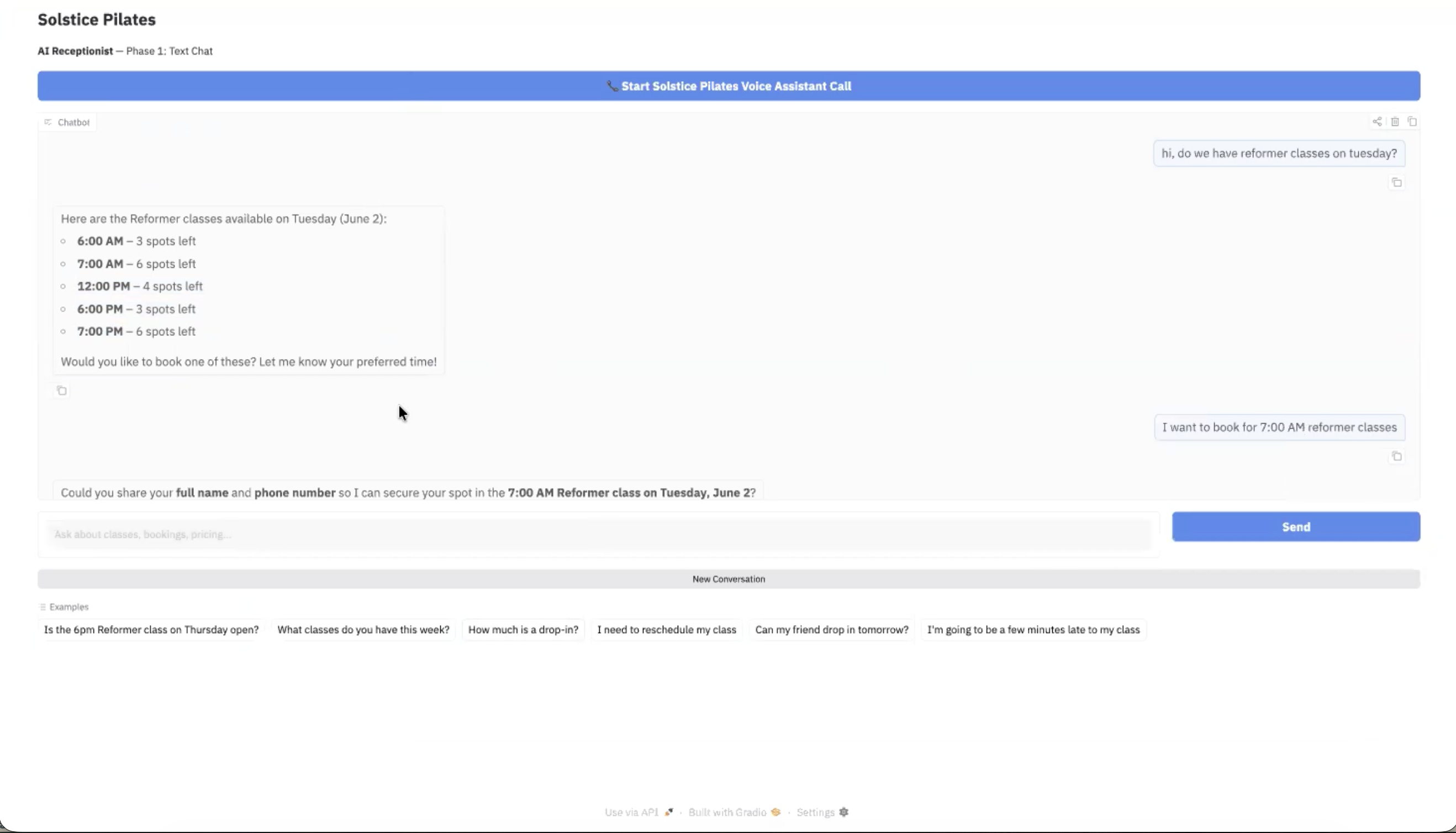 Solstice Pilates chatbot